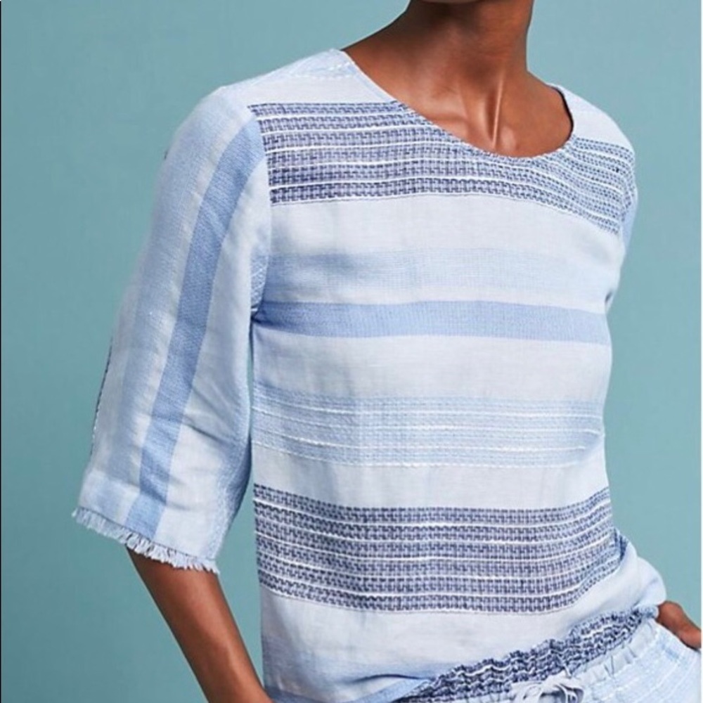 Blue Cloth & Stone Anthropologie Linen/Cotton chambray boxy top with fringe.
